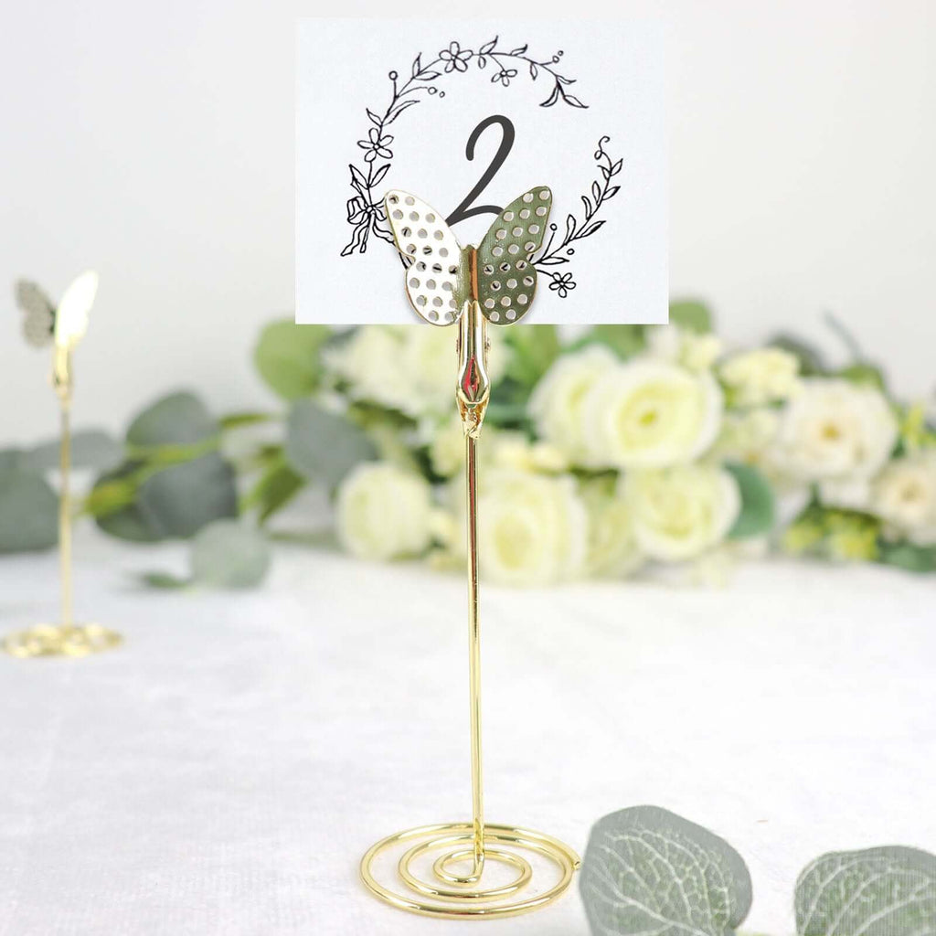 5 - Pack Metal Place Card Holders Gold - Modern Table Number Stands with Whimsical Butterfly Clips & Spiral Base for Signs Memos Photos Menus 5" - Bell Racket Store