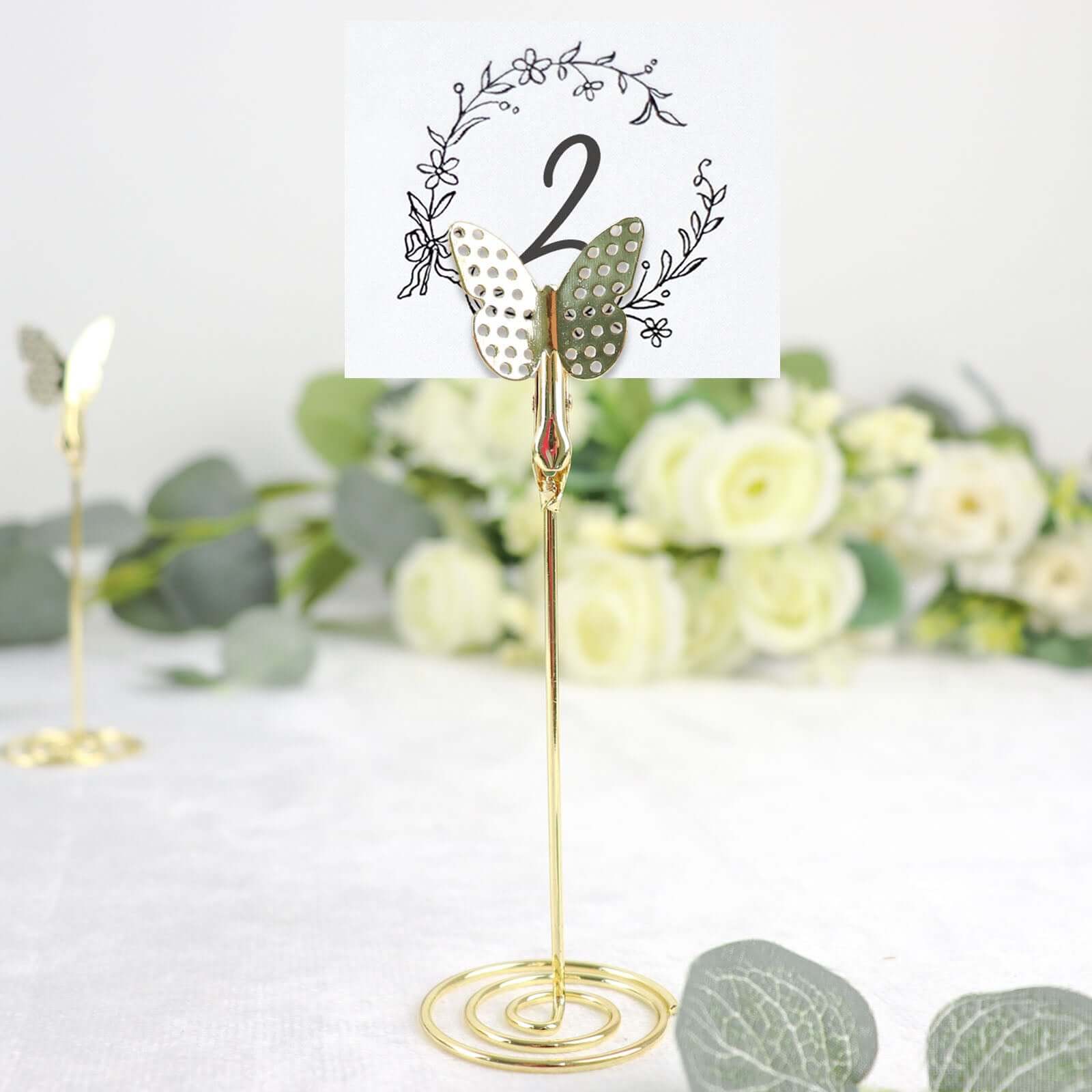 5 - Pack Metal Place Card Holders Gold - Modern Table Number Stands with Whimsical Butterfly Clips & Spiral Base for Signs Memos Photos Menus 5" - Bell Racket Store