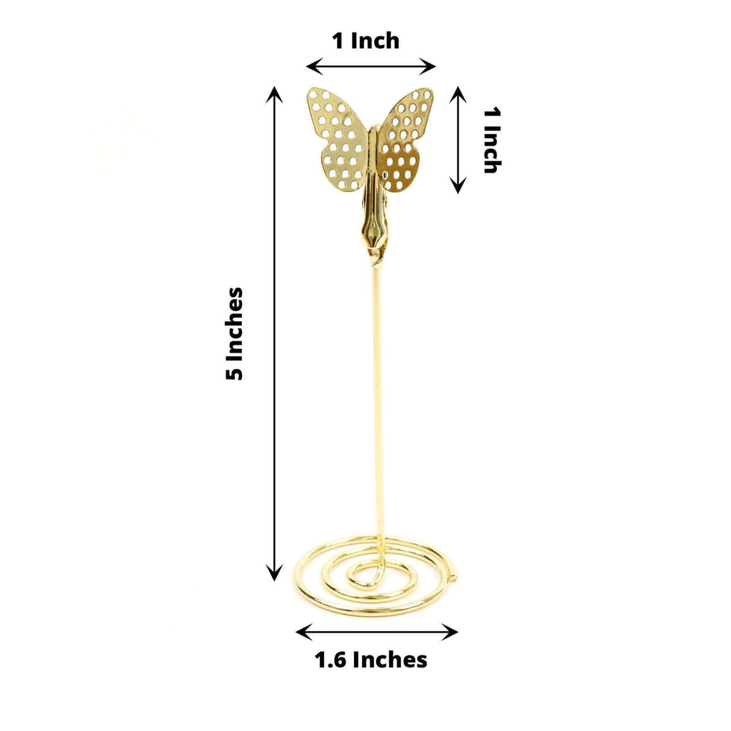 5 - Pack Metal Place Card Holders Gold - Modern Table Number Stands with Whimsical Butterfly Clips & Spiral Base for Signs Memos Photos Menus 5" - Bell Racket Store