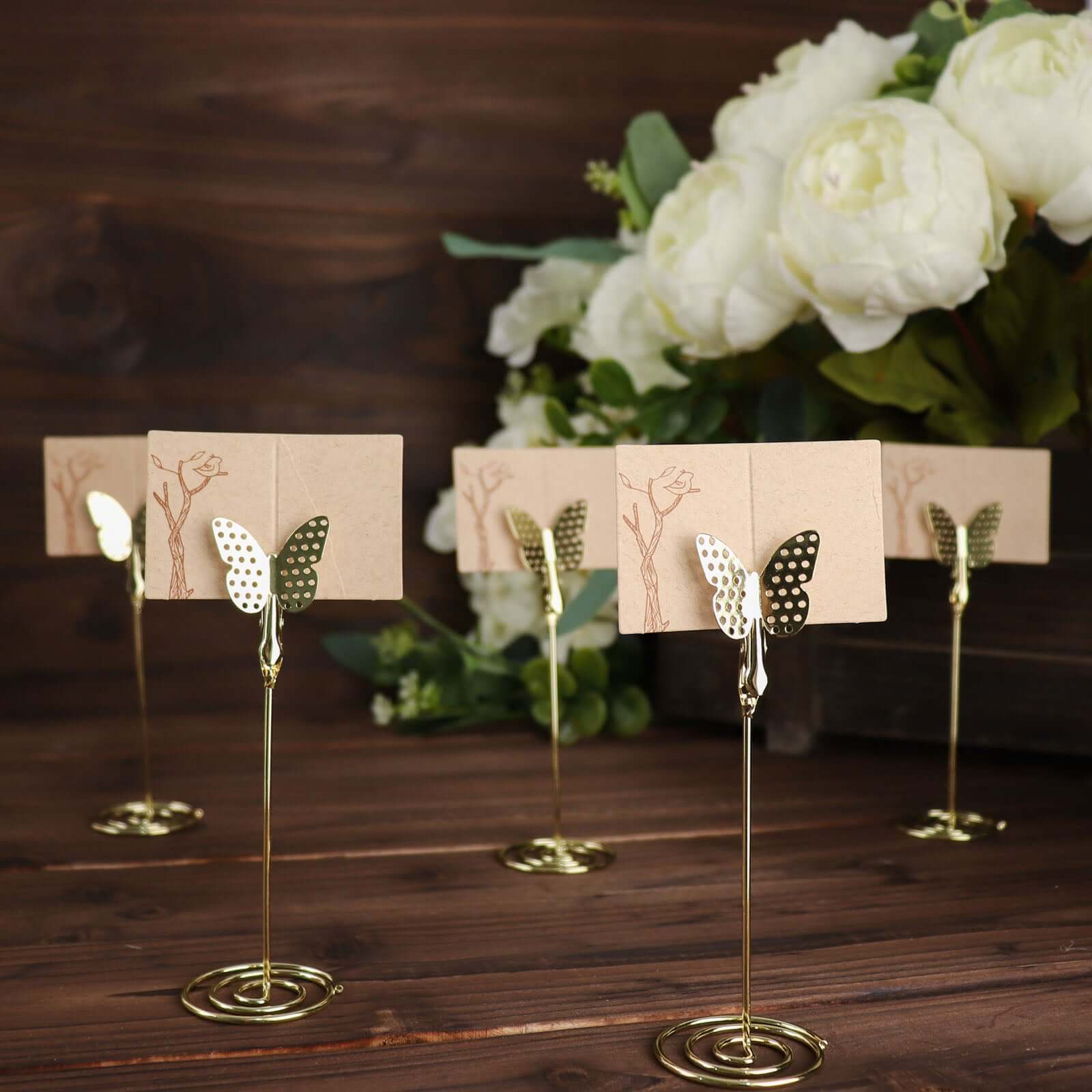 5 - Pack Metal Place Card Holders Gold - Modern Table Number Stands with Whimsical Butterfly Clips & Spiral Base for Signs Memos Photos Menus 5" - Bell Racket Store