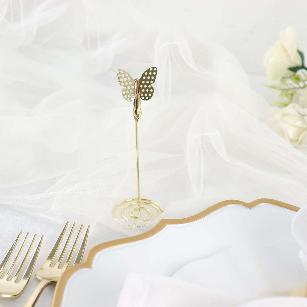 5 - Pack Metal Place Card Holders Gold - Modern Table Number Stands with Whimsical Butterfly Clips & Spiral Base for Signs Memos Photos Menus 5" - Bell Racket Store