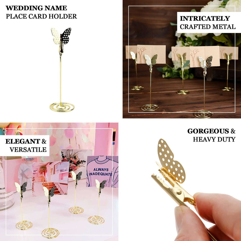 5 - Pack Metal Place Card Holders Gold - Modern Table Number Stands with Whimsical Butterfly Clips & Spiral Base for Signs Memos Photos Menus 5" - Bell Racket Store