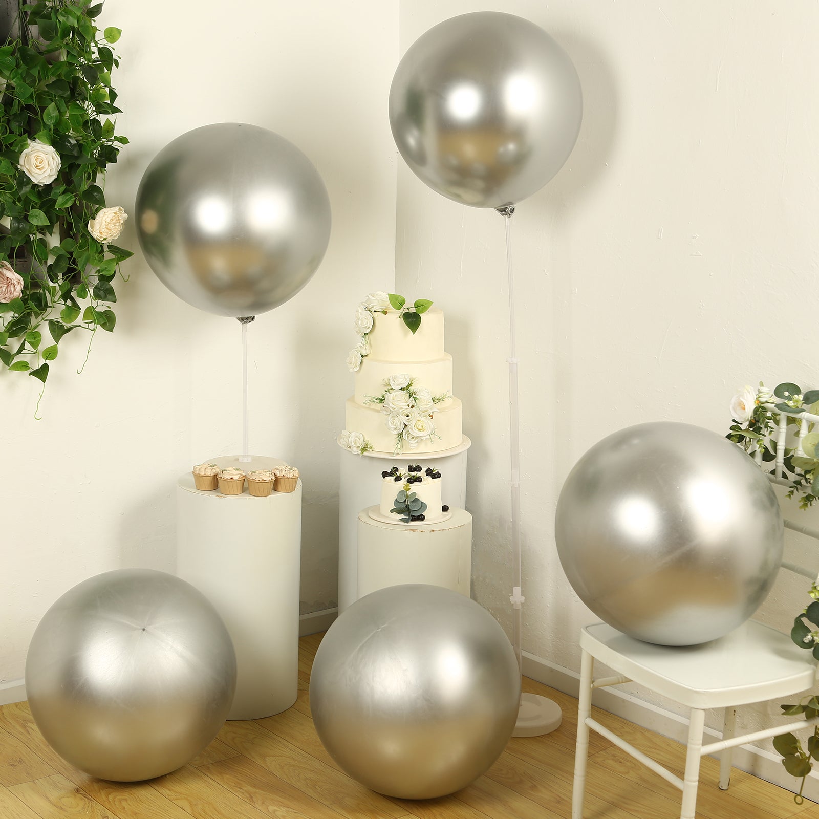 5 Pack Metallic Chrome Silver Biodegradable Balloons, 36" Large Round Eco - friendly Thickened Latex Party Balloons - Bell Racket Store