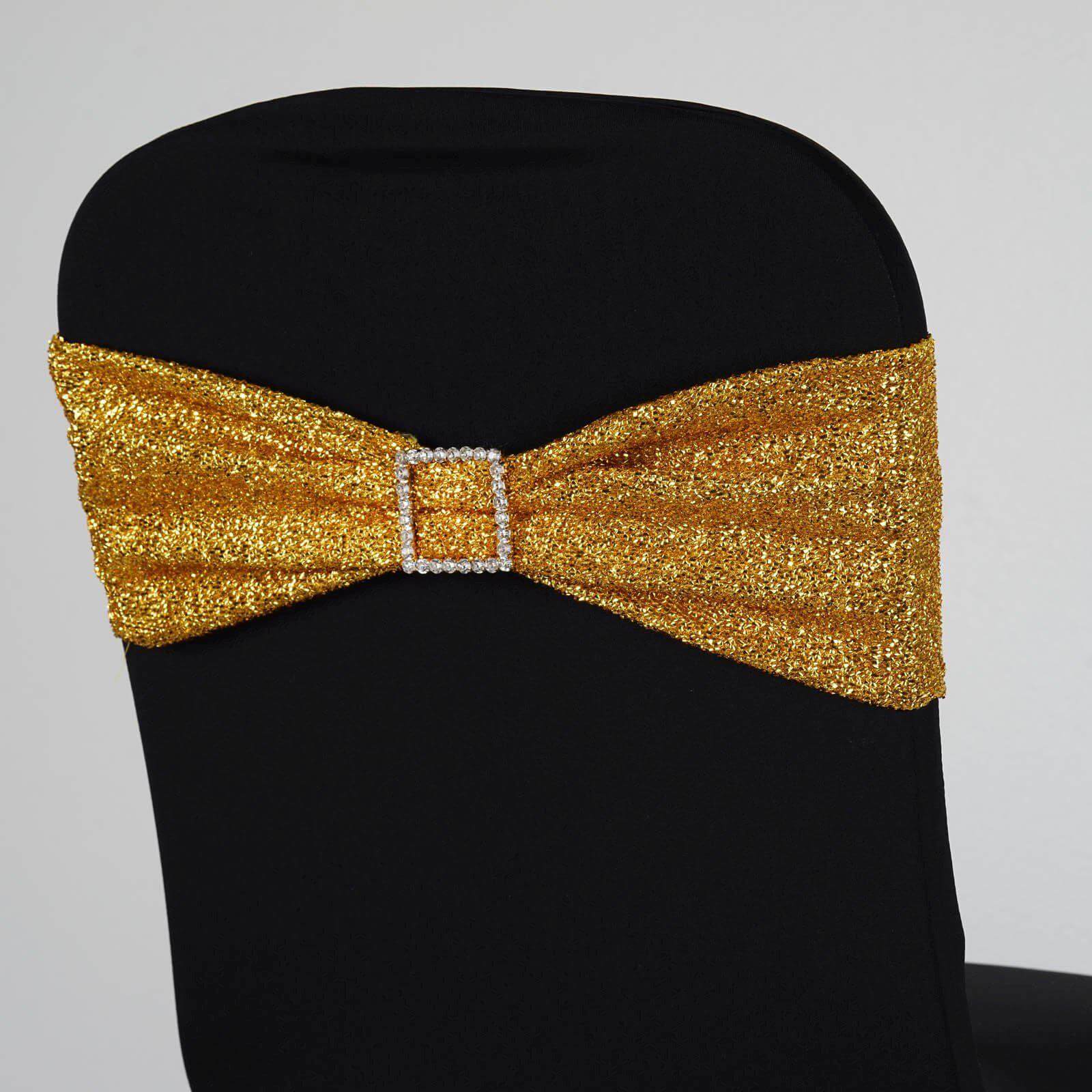 5 Pack Metallic Shimmer Tinsel Spandex Chair Sashes Gold - Durable and Reusable Stretch Chair Bands for Dazzling Event & Party Decor - NestOCart