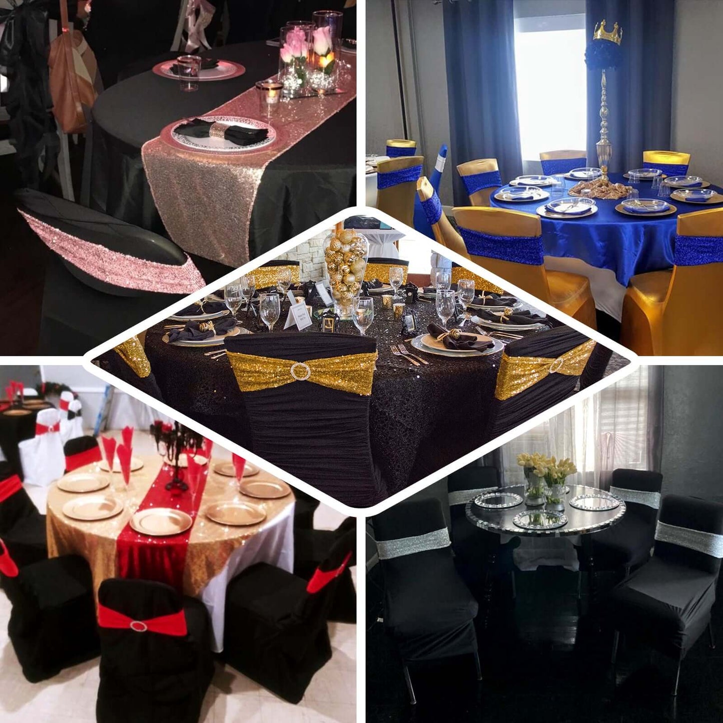 5 Pack Metallic Shimmer Tinsel Spandex Chair Sashes Gold - Durable and Reusable Stretch Chair Bands for Dazzling Event & Party Decor - NestOCart