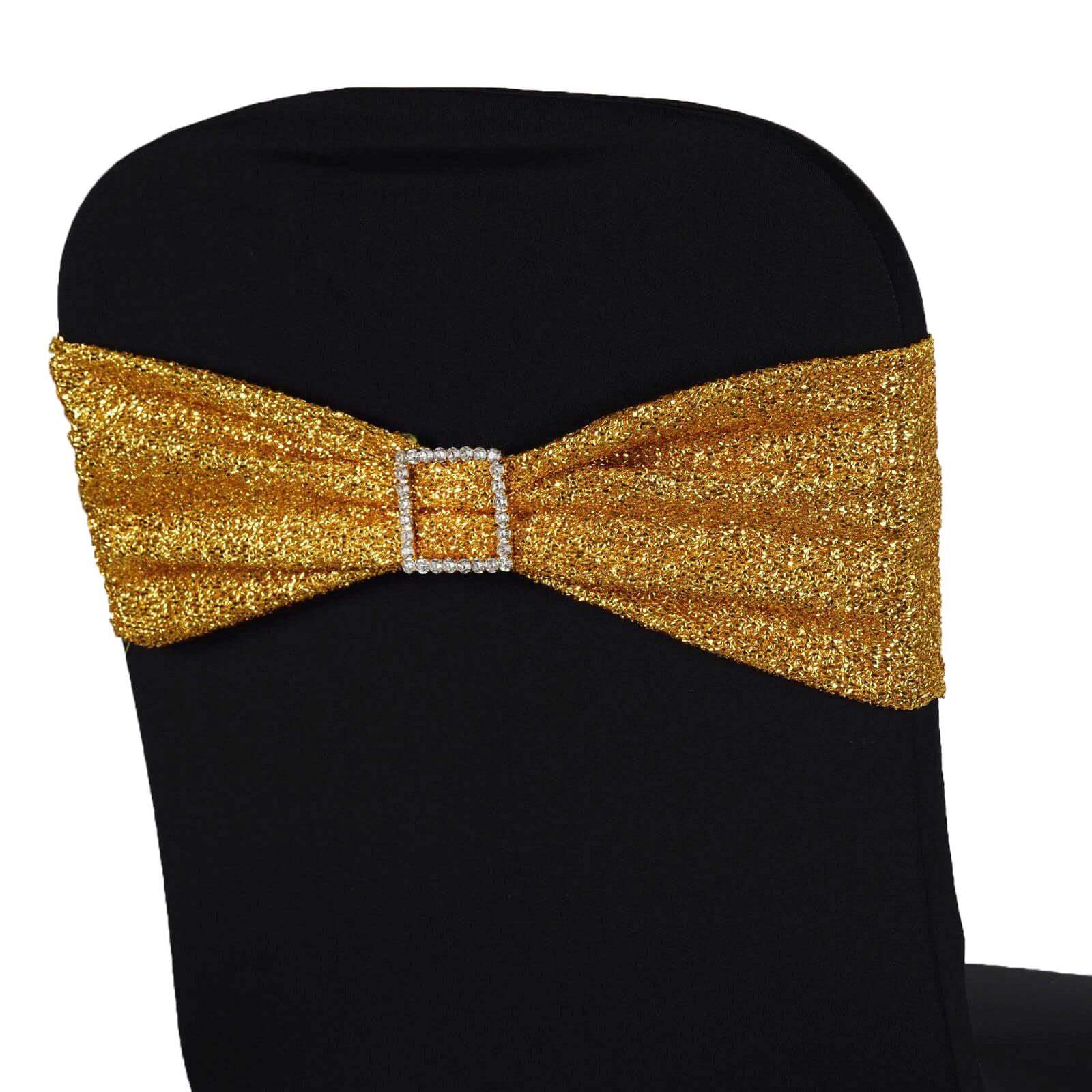5 Pack Metallic Shimmer Tinsel Spandex Chair Sashes Gold - Durable and Reusable Stretch Chair Bands for Dazzling Event & Party Decor - NestOCart