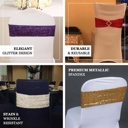 5 Pack Metallic Shimmer Tinsel Spandex Chair Sashes Gold - Durable and Reusable Stretch Chair Bands for Dazzling Event & Party Decor - NestOCart