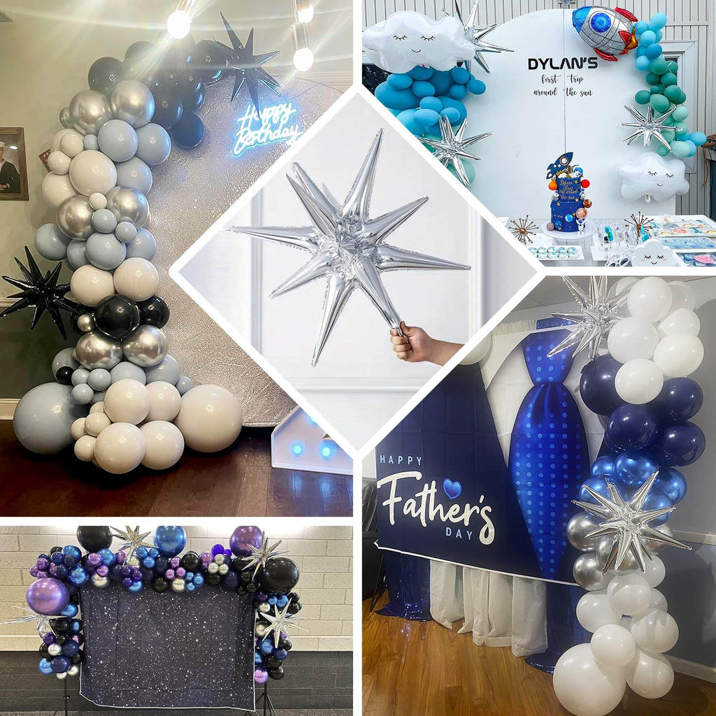 5 Pack Metallic Silver 14 - Point Starburst Mylar Foil Balloons, 22" Fireworks Star Explosion Party Balloons - Bell Racket Store