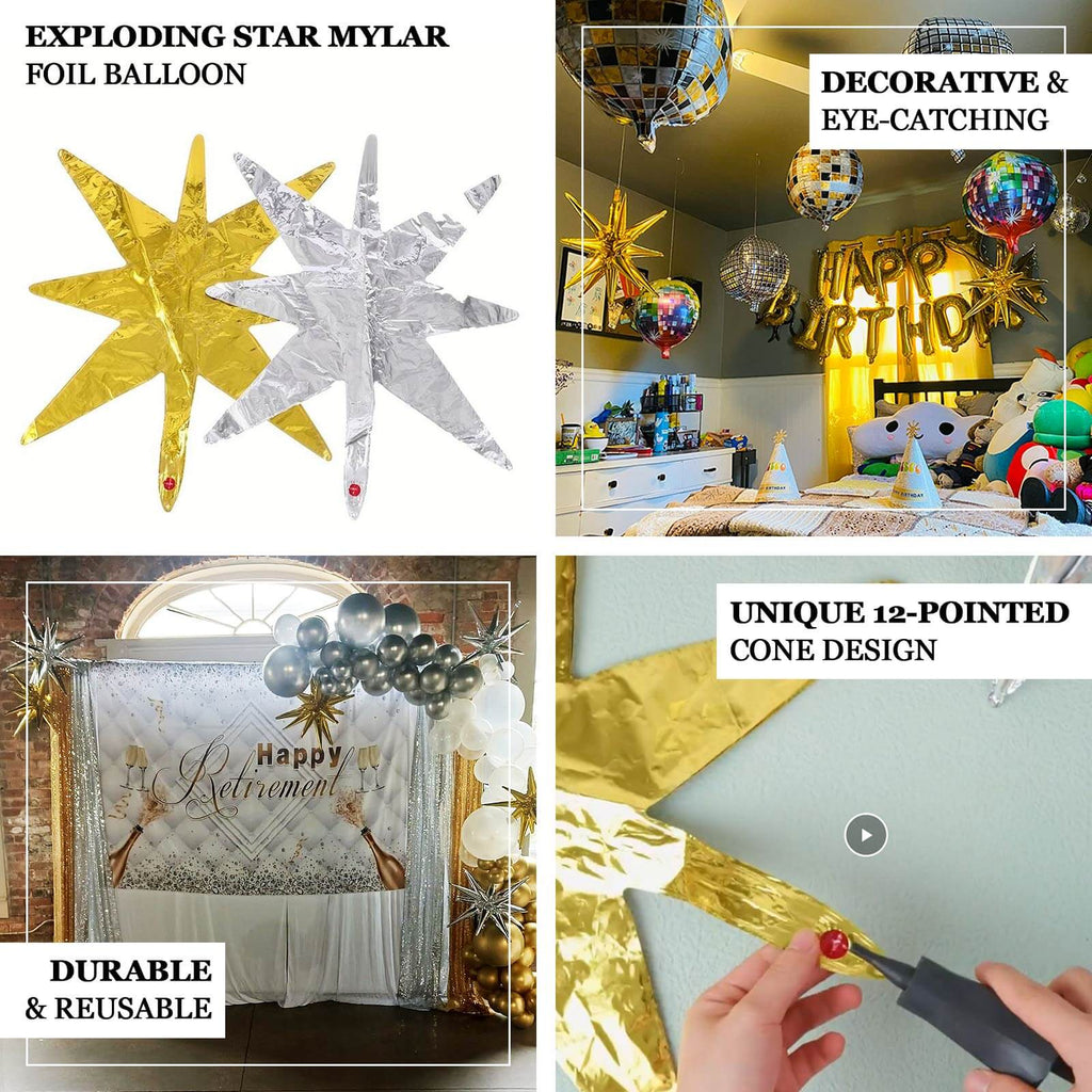 5 Pack Metallic Silver 14 - Point Starburst Mylar Foil Balloons, 22" Fireworks Star Explosion Party Balloons - Bell Racket Store