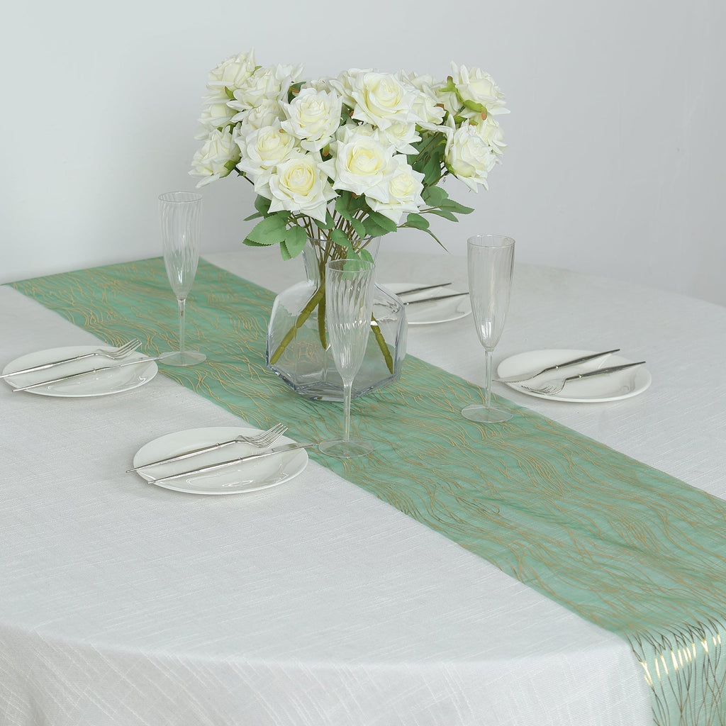 5 Pack Organza 12"x108" Table Runners Hunter Emerald Green - Gold Wave Design - Bell Racket Store
