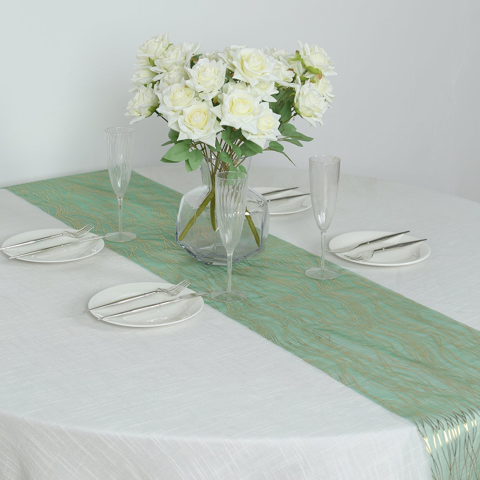 5 Pack Organza 12"x108" Table Runners Hunter Emerald Green - Gold Wave Design - Bell Racket Store