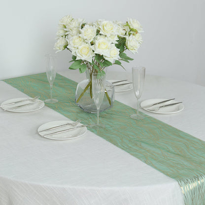 5 Pack Organza 12"x108" Table Runners Hunter Emerald Green - Gold Wave Design - Bell Racket Store