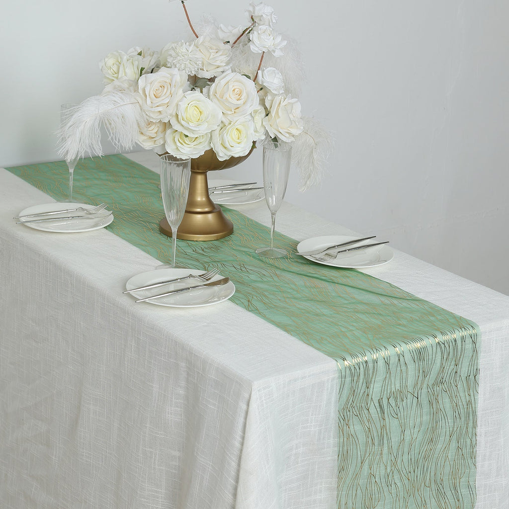 5 Pack Organza 12"x108" Table Runners Hunter Emerald Green - Gold Wave Design - Bell Racket Store