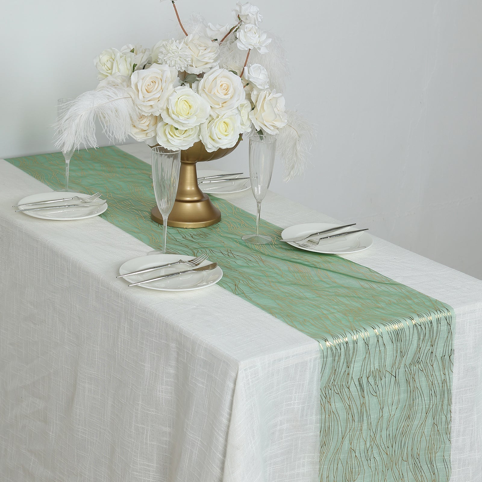 5 Pack Organza 12"x108" Table Runners Hunter Emerald Green - Gold Wave Design - Bell Racket Store