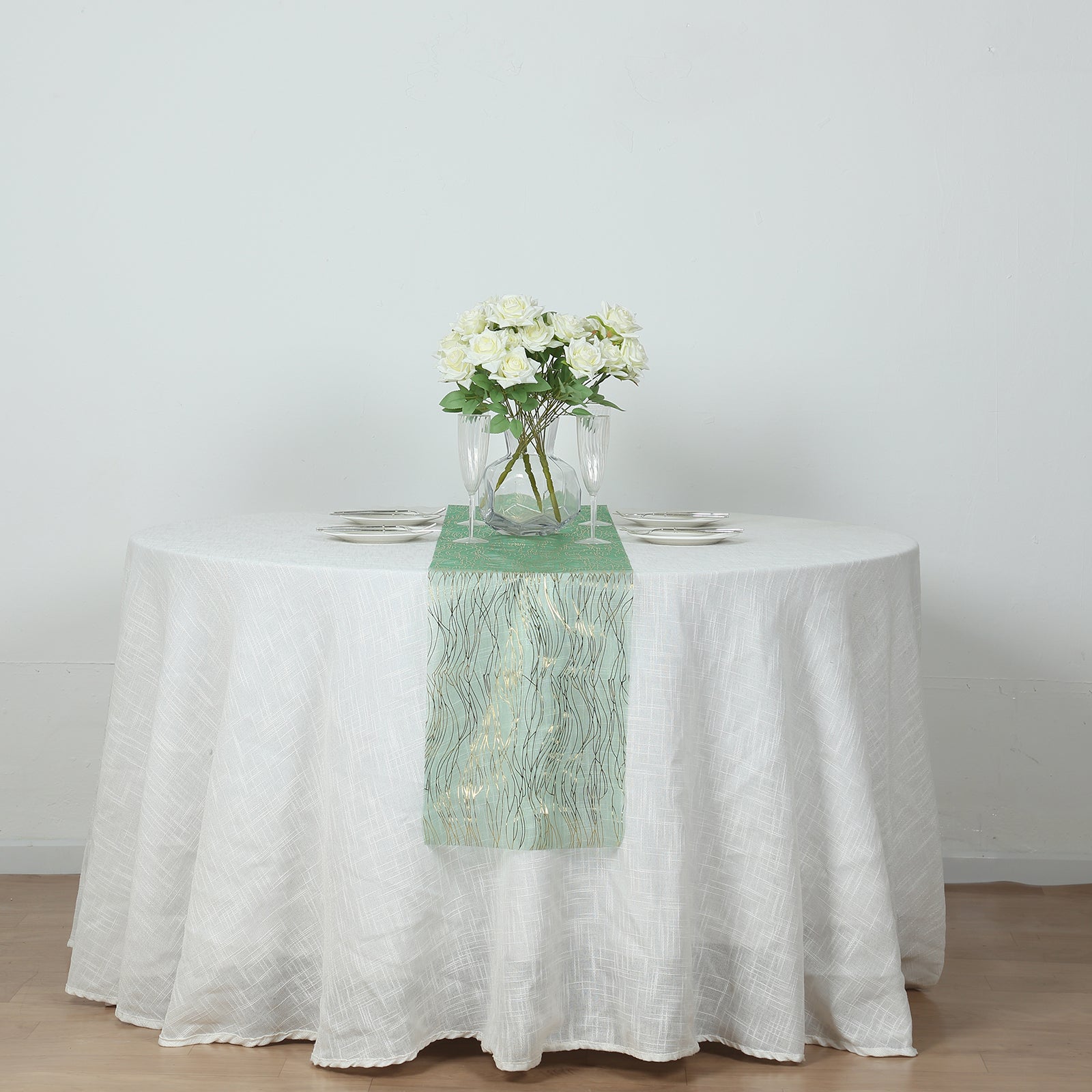 5 Pack Organza 12"x108" Table Runners Hunter Emerald Green - Gold Wave Design - Bell Racket Store