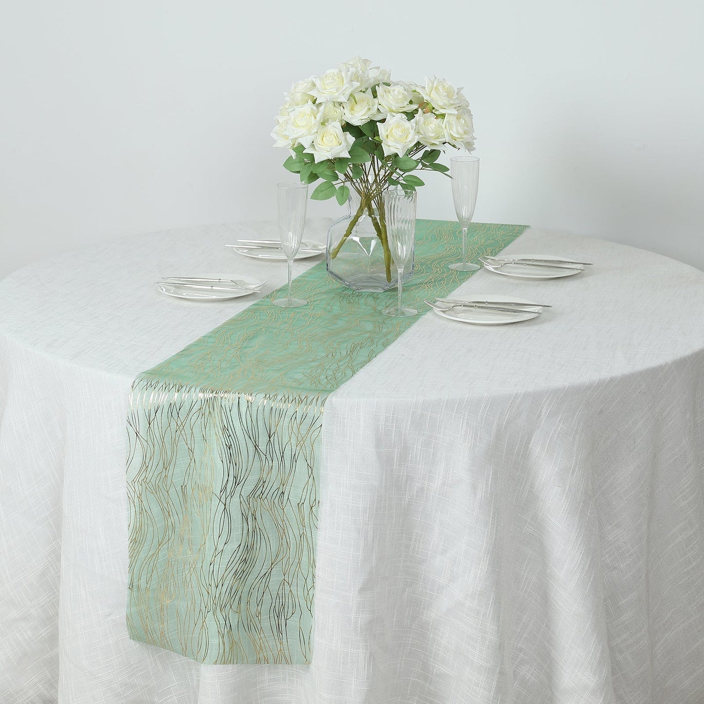 5 Pack Organza 12"x108" Table Runners Hunter Emerald Green - Gold Wave Design - Bell Racket Store