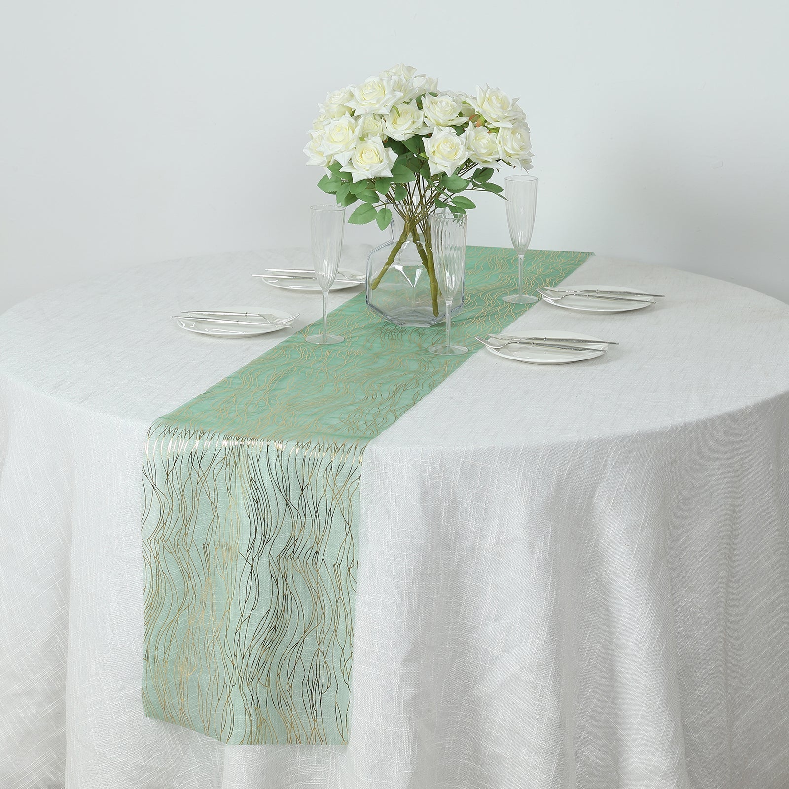 5 Pack Organza 12"x108" Table Runners Hunter Emerald Green - Gold Wave Design - Bell Racket Store