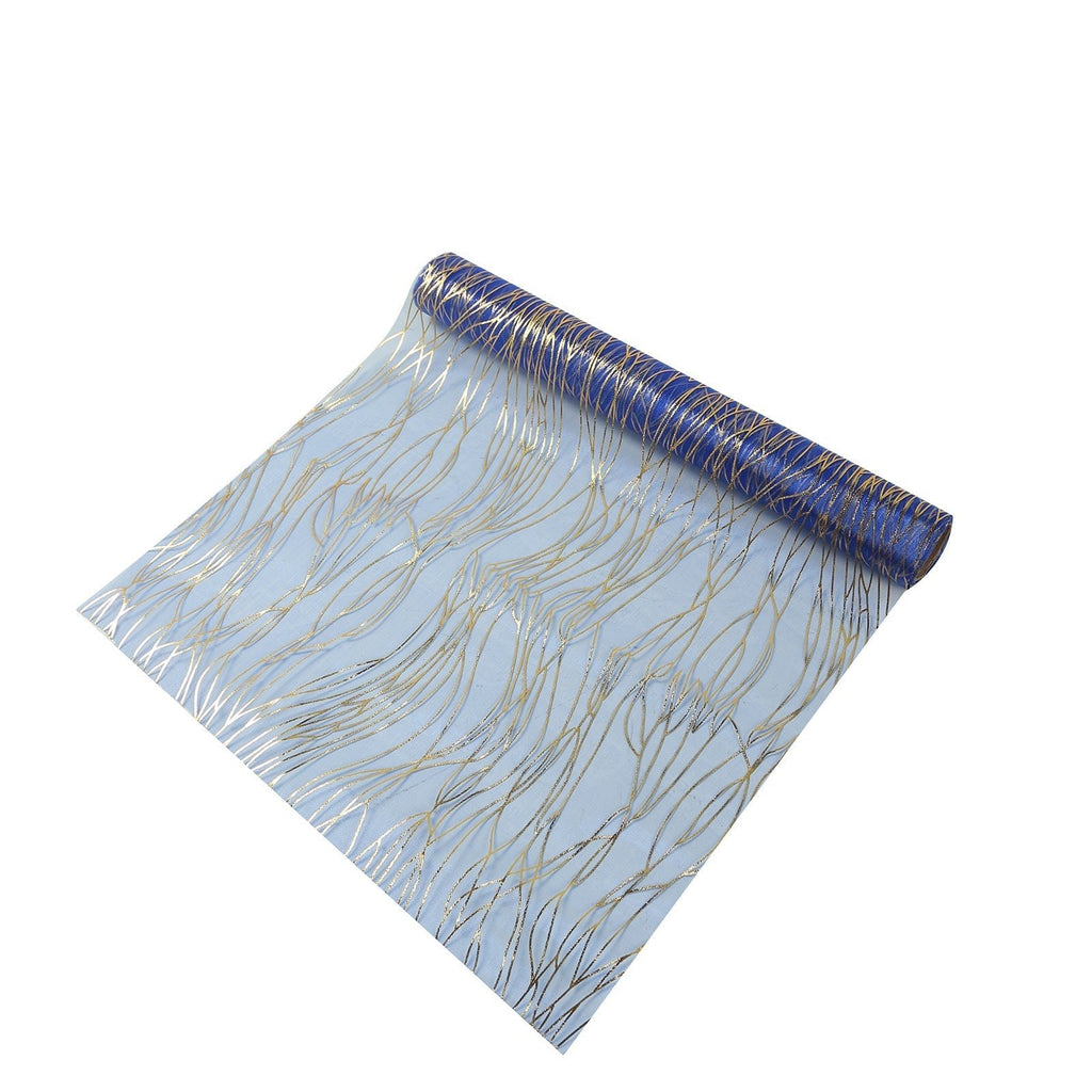 5 Pack Organza 12"x108" Table Runners Royal Blue - Gold Wave Design - Bell Racket Store