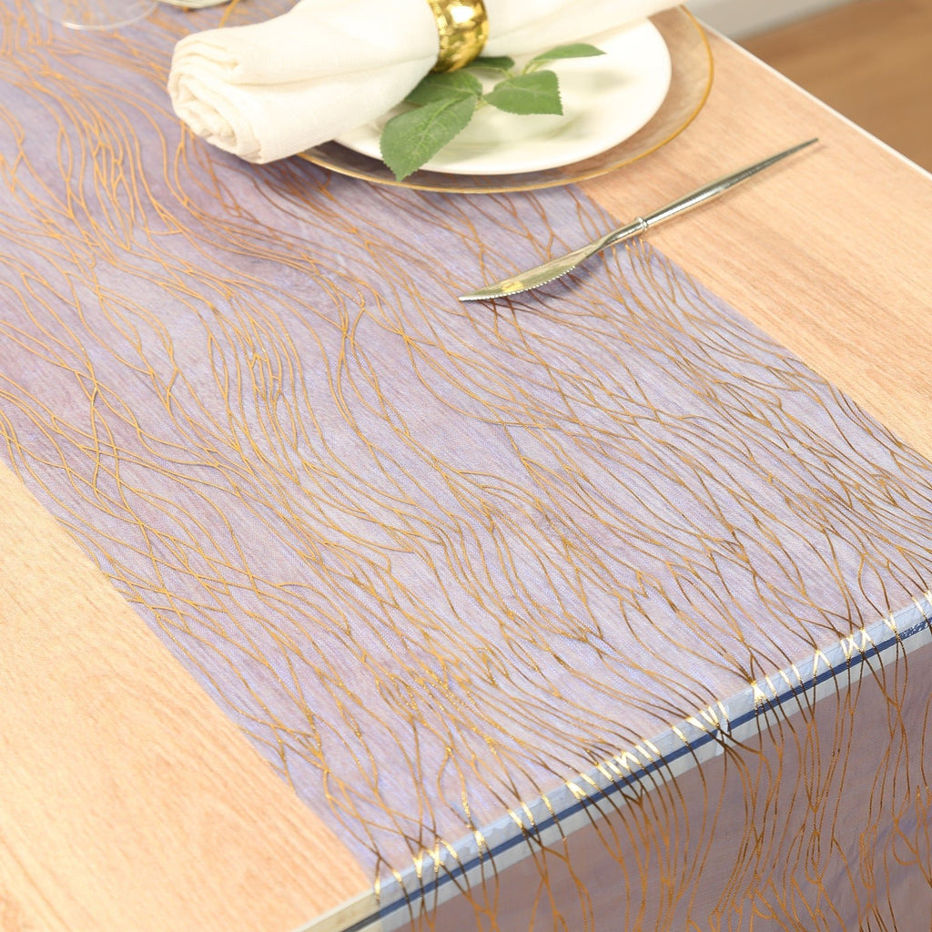 5 Pack Organza 12"x108" Table Runners Royal Blue - Gold Wave Design - Bell Racket Store