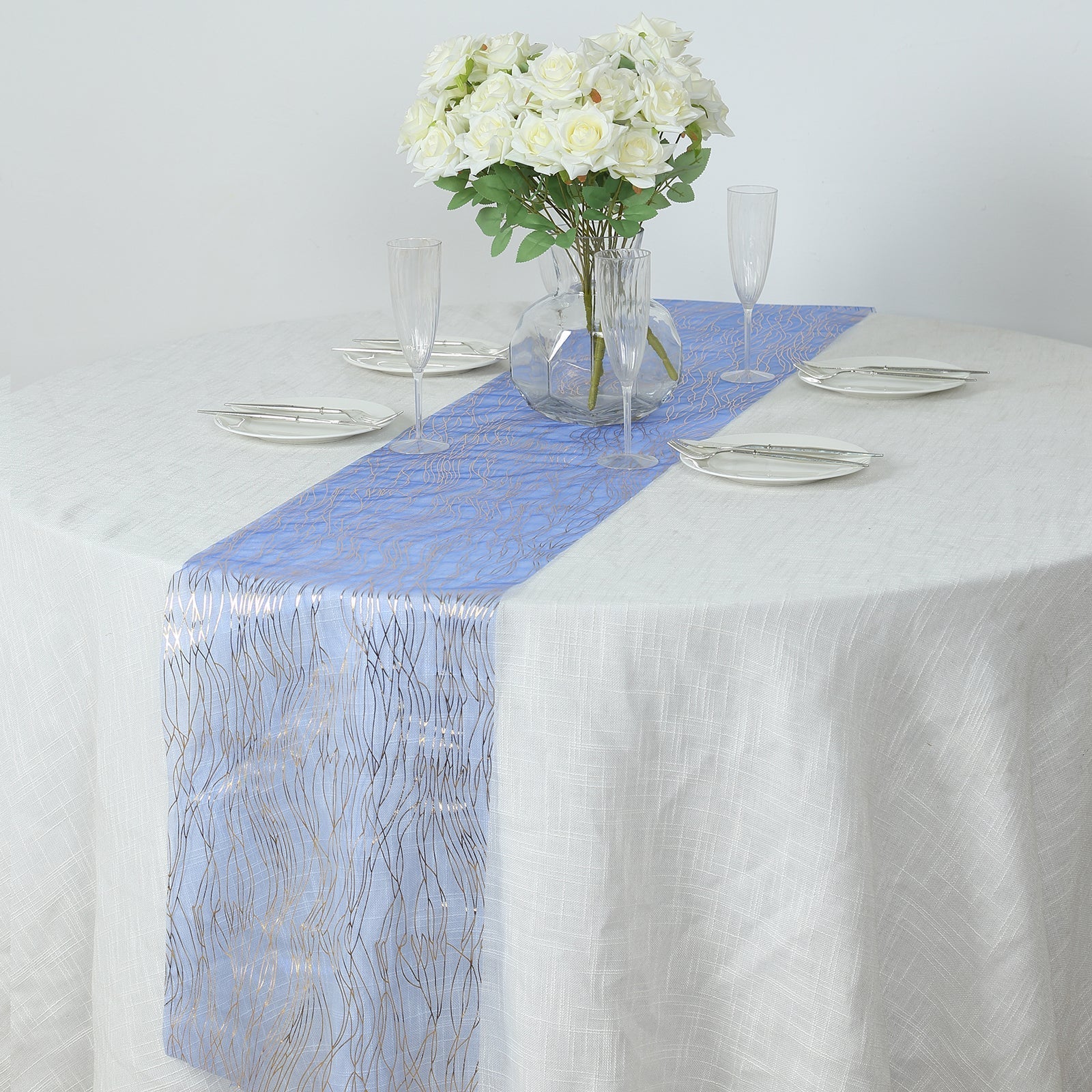 5 Pack Organza 12"x108" Table Runners Royal Blue - Gold Wave Design - Bell Racket Store