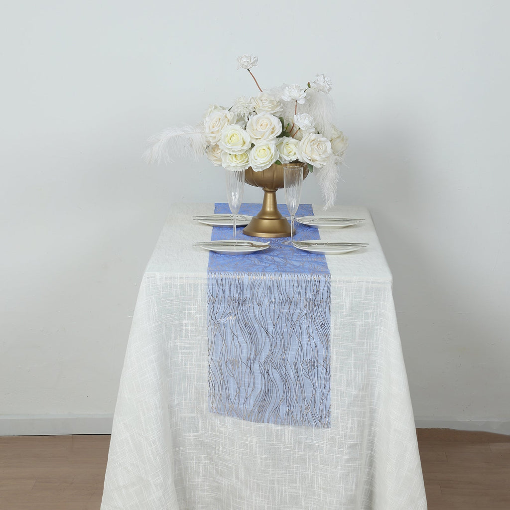 5 Pack Organza 12"x108" Table Runners Royal Blue - Gold Wave Design - Bell Racket Store