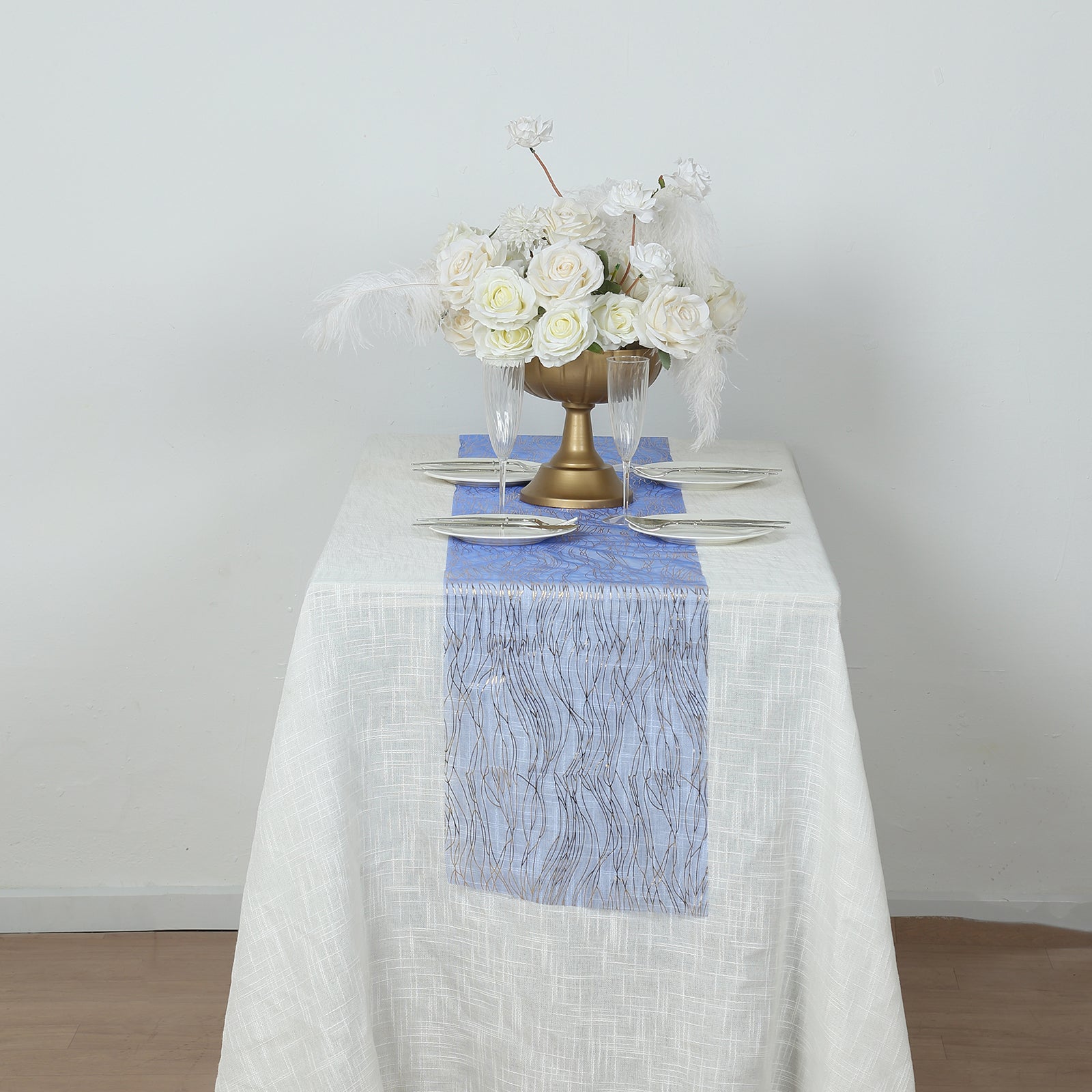 5 Pack Organza 12"x108" Table Runners Royal Blue - Gold Wave Design - Bell Racket Store