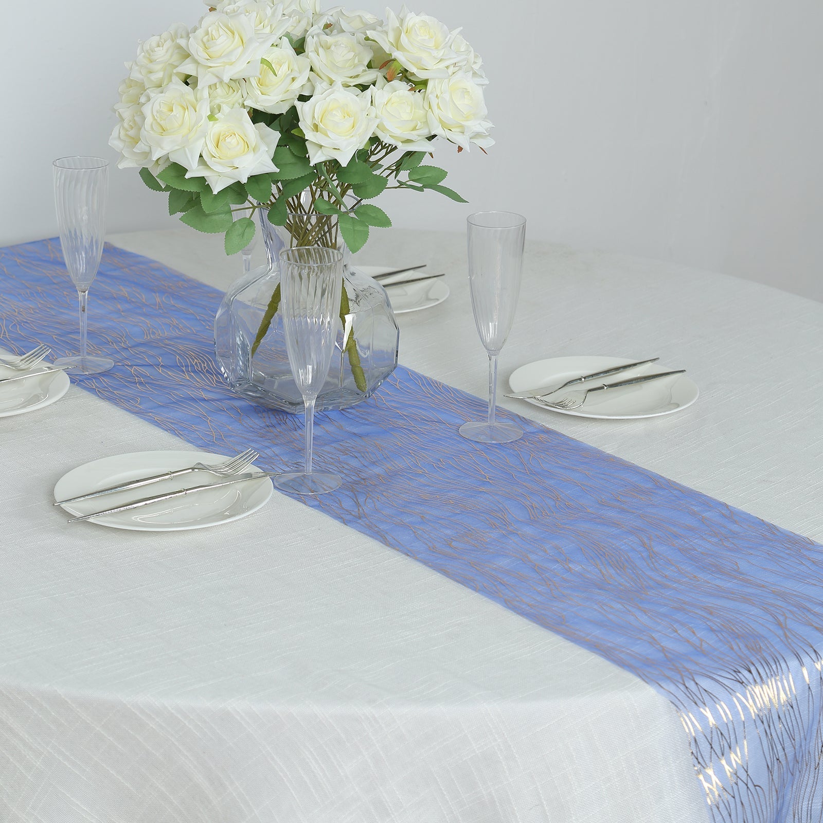 5 Pack Organza 12"x108" Table Runners Royal Blue - Gold Wave Design - Bell Racket Store