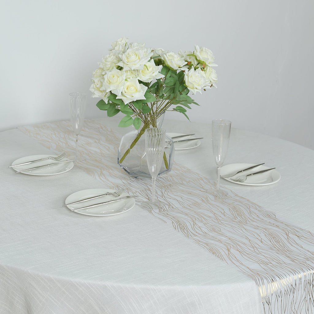 5 Pack Organza 12"x108" Table Runners White with Gold Foil Wave Design - Disposable Stylish Event Decoration - Bell Racket Store