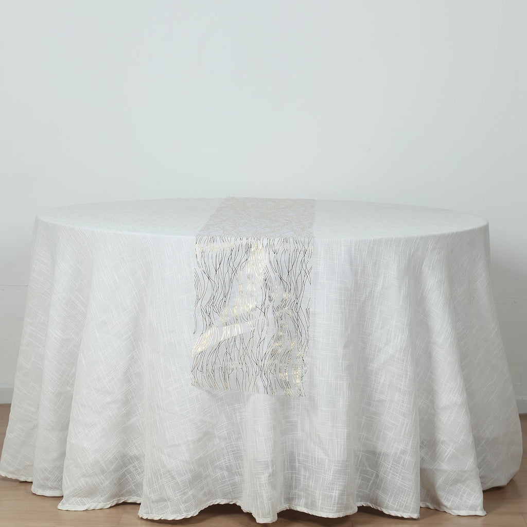 5 Pack Organza 12"x108" Table Runners White with Gold Foil Wave Design - Disposable Stylish Event Decoration - Bell Racket Store