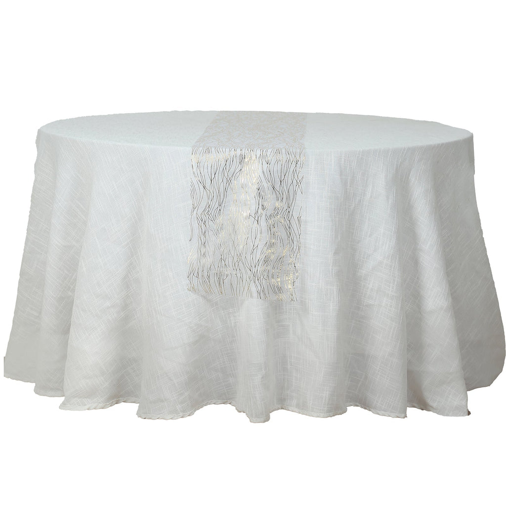 5 Pack Organza 12"x108" Table Runners White with Gold Foil Wave Design - Disposable Stylish Event Decoration - Bell Racket Store