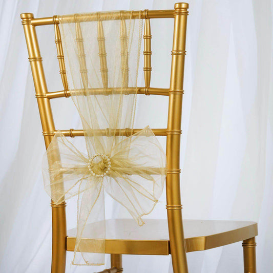 5 Pack Organza Chair Sashes Champagne - Reusable Sheer Chair Bows 6"x108" - NestOCart