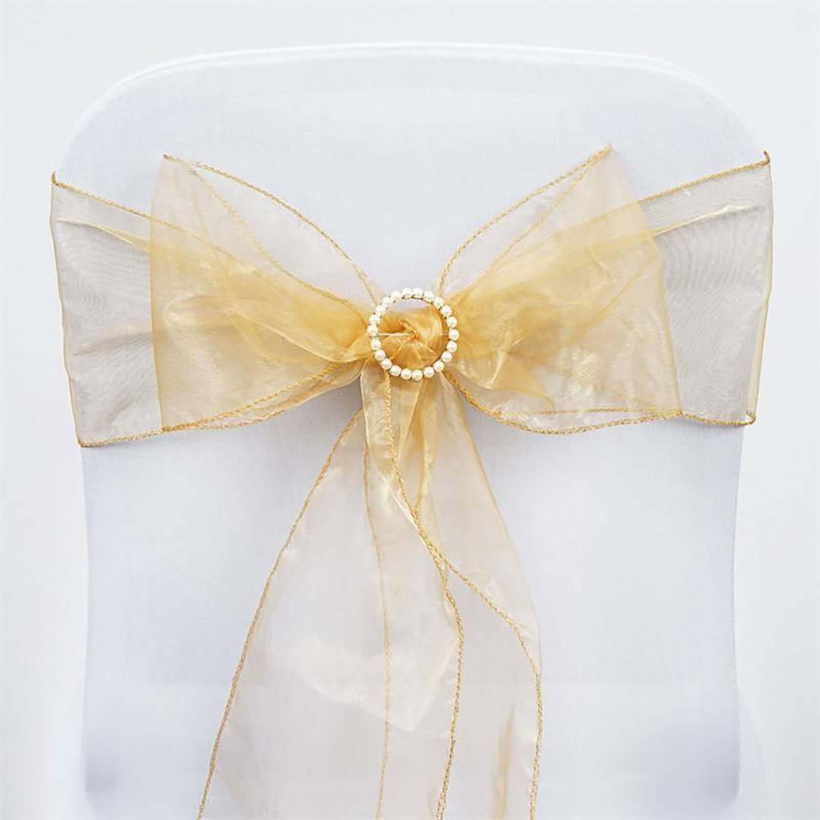 5 Pack Organza Chair Sashes Gold - Timeless Reusable Sheer Chair Bows for Chic Events 6"x108" - NestOCart