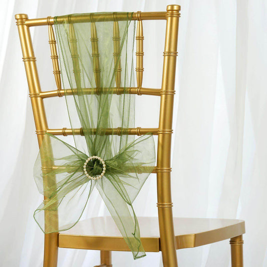 5 Pack Organza Chair Sashes Olive Green - Reusable Sheer Chair Bows 6"x108" - NestOCart
