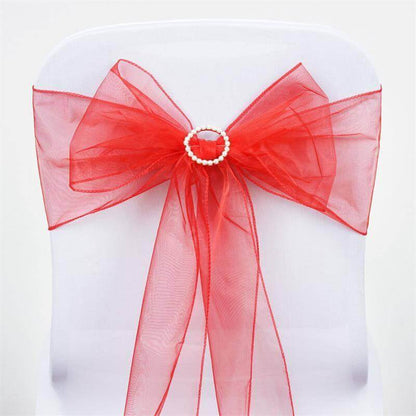 5 Pack Organza Chair Sashes Red - Reusable Sheer Chair Bows 6"x108" - NestOCart
