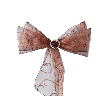 5 Pack Organza Chair Sashes with Satin Leaf Embroidery Chocolate - Reusable Sheer Design 7"x108" - NestOCart