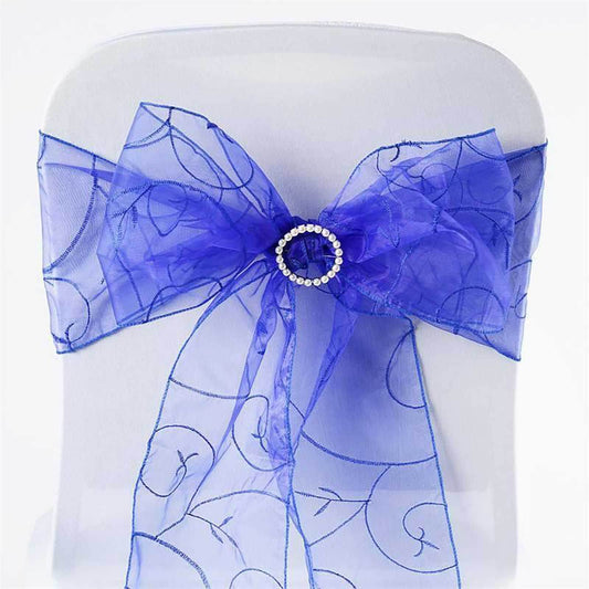 5 Pack Organza Chair Sashes with Satin Leaf Embroidery Royal Blue - Reusable Sheer Design 7"x108" - NestOCart