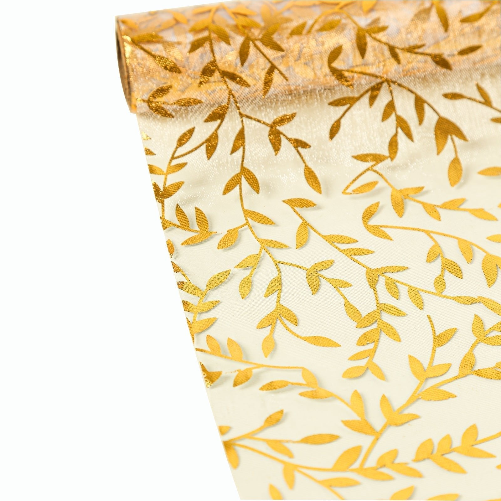 5 Pack Organza Mesh 11"x108" Table Runner Rolls White with Gold Foil Leaf Vines - Disposable Stylish & Chic Table Decor - Bell Racket Store