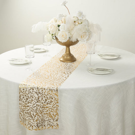 5 Pack Organza Mesh 11"x108" Table Runner Rolls White with Gold Foil Leaf Vines - Disposable Stylish & Chic Table Decor - Bell Racket Store