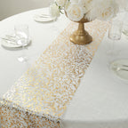 5 Pack Organza Mesh 11"x108" Table Runner Rolls White with Gold Foil Leaf Vines - Disposable Stylish & Chic Table Decor - Bell Racket Store