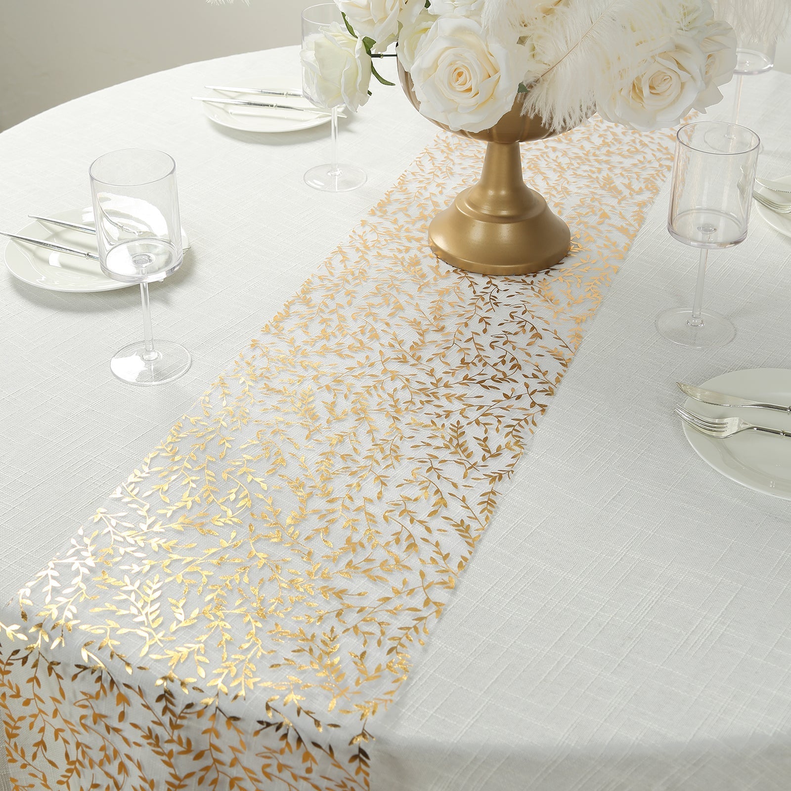 5 Pack Organza Mesh 11"x108" Table Runner Rolls White with Gold Foil Leaf Vines - Disposable Stylish & Chic Table Decor - Bell Racket Store