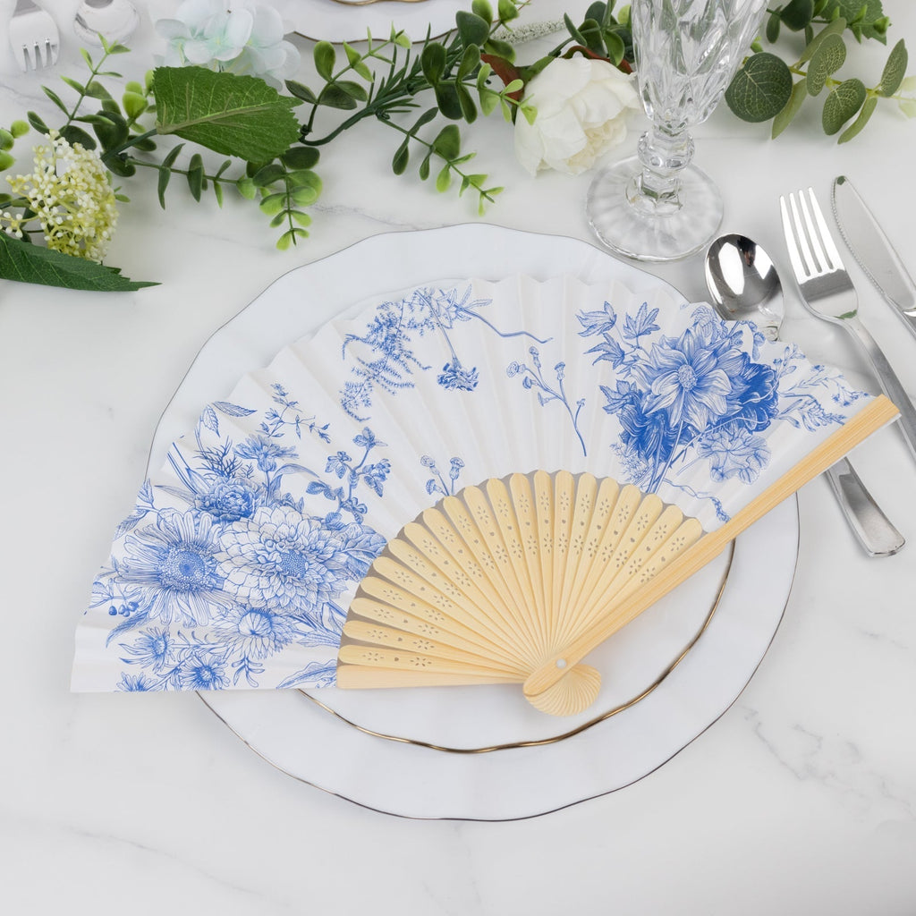 5 - Pack Paper Folding Fans Party Favors in White & Blue French Toile Pattern, Handheld Fans with Bamboo Frame - Bell Racket Store