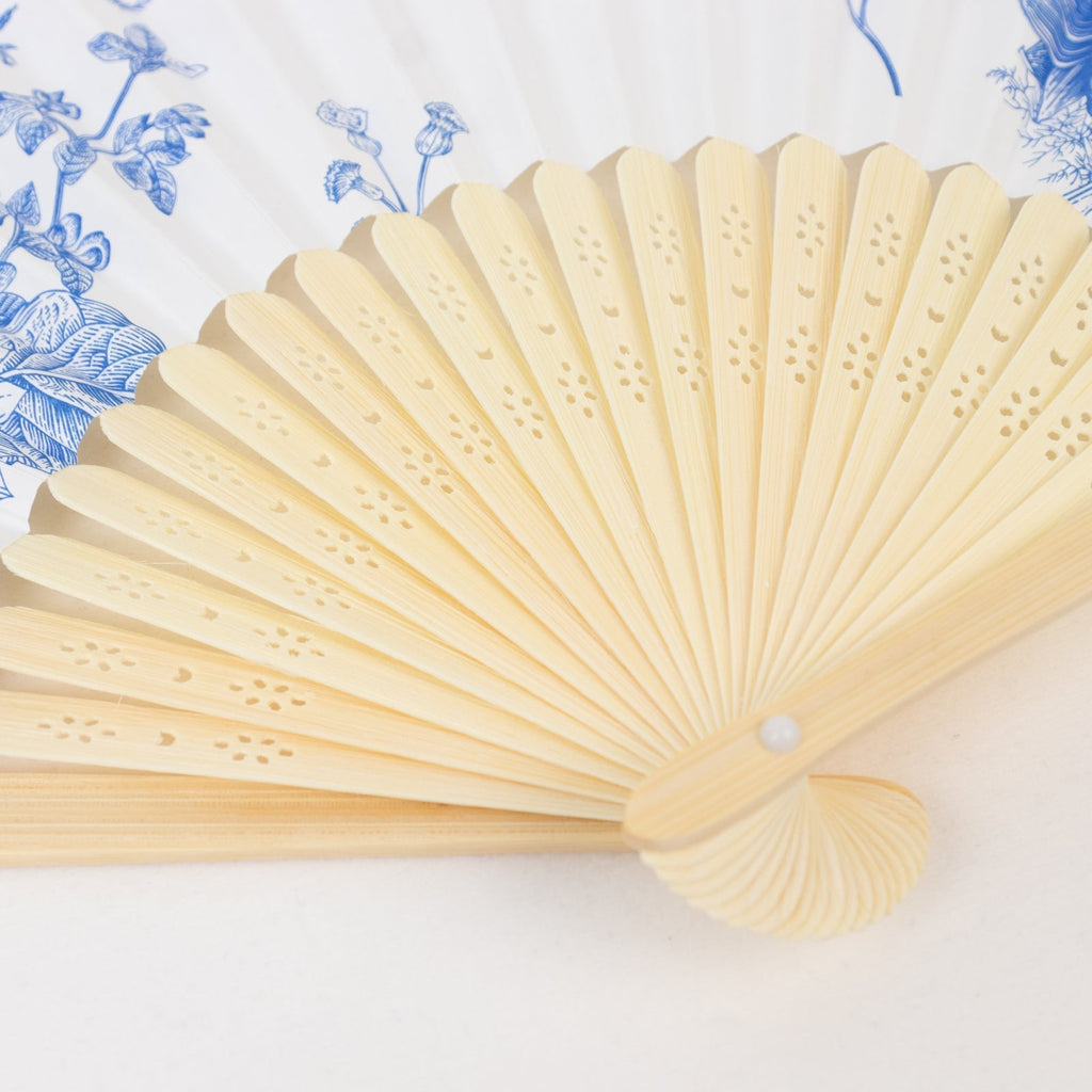 5 - Pack Paper Folding Fans Party Favors in White & Blue French Toile Pattern, Handheld Fans with Bamboo Frame - Bell Racket Store