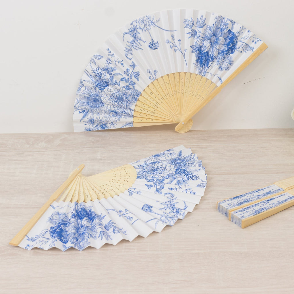 5 - Pack Paper Folding Fans Party Favors in White & Blue French Toile Pattern, Handheld Fans with Bamboo Frame - Bell Racket Store