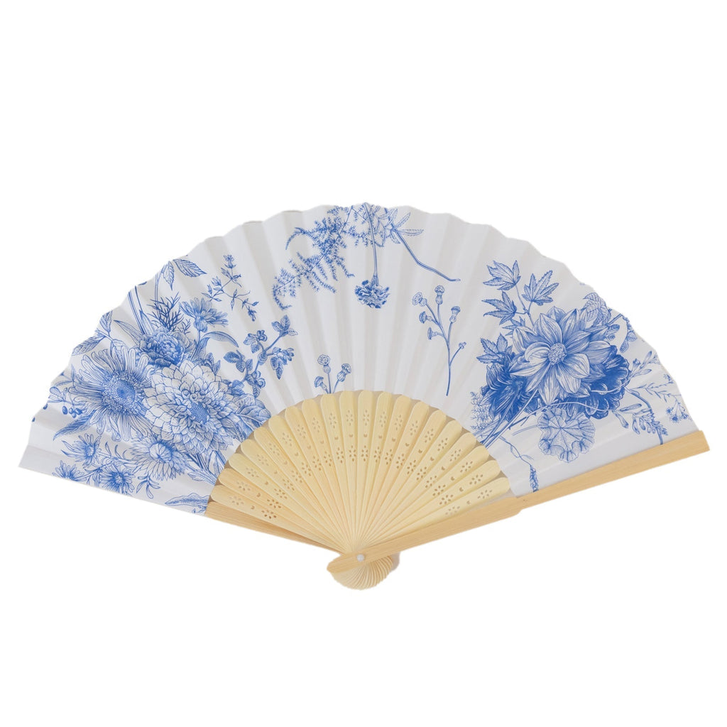 5 - Pack Paper Folding Fans Party Favors in White & Blue French Toile Pattern, Handheld Fans with Bamboo Frame - Bell Racket Store