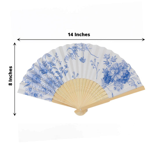 5 - Pack Paper Folding Fans Party Favors in White & Blue French Toile Pattern, Handheld Fans with Bamboo Frame - Bell Racket Store