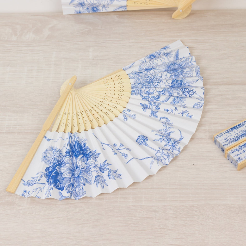 5 - Pack Paper Folding Fans Party Favors in White & Blue French Toile Pattern, Handheld Fans with Bamboo Frame - Bell Racket Store