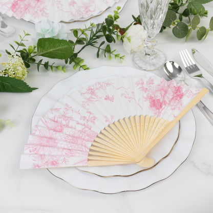 5 - Pack Paper Folding Fans Party Favors in White & Pink French Toile Pattern, Handheld Fans with Bamboo Frame - Bell Racket Store