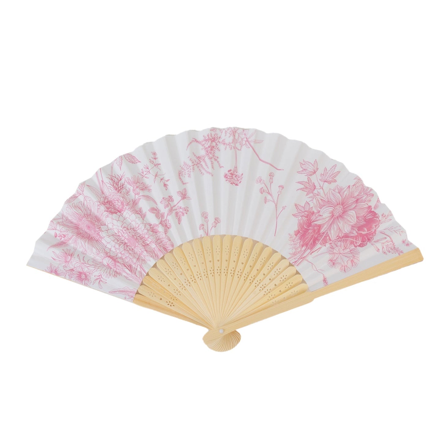 5 - Pack Paper Folding Fans Party Favors in White & Pink French Toile Pattern, Handheld Fans with Bamboo Frame - Bell Racket Store