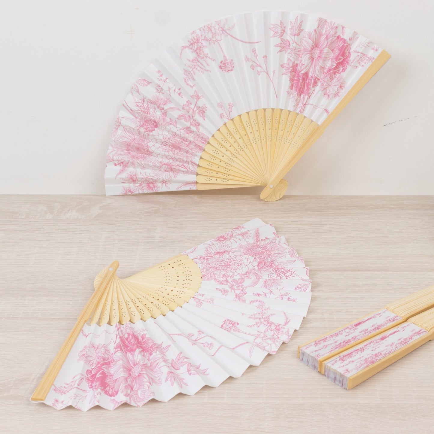 5 - Pack Paper Folding Fans Party Favors in White & Pink French Toile Pattern, Handheld Fans with Bamboo Frame - Bell Racket Store