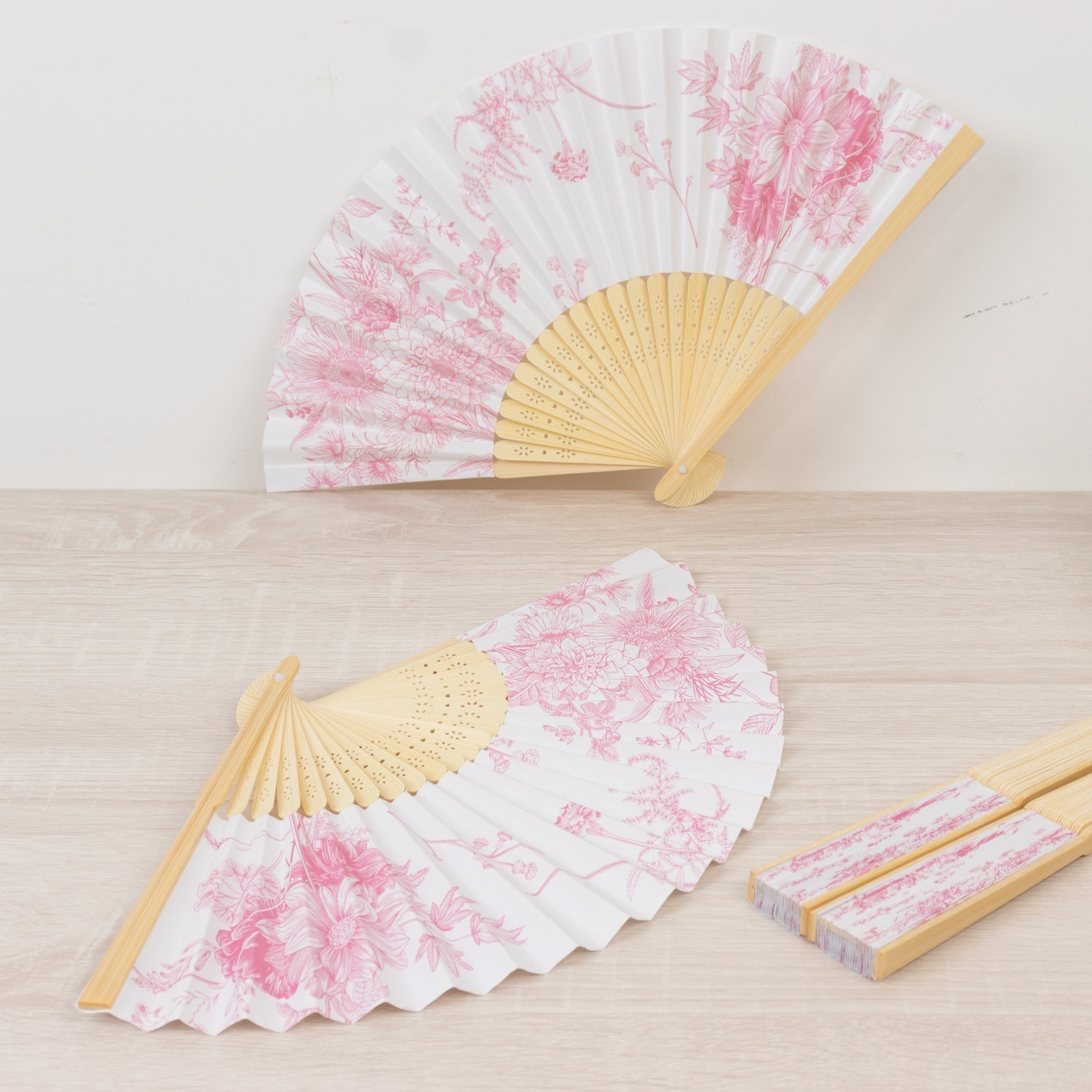 5 - Pack Paper Folding Fans Party Favors in White & Pink French Toile Pattern, Handheld Fans with Bamboo Frame - Bell Racket Store
